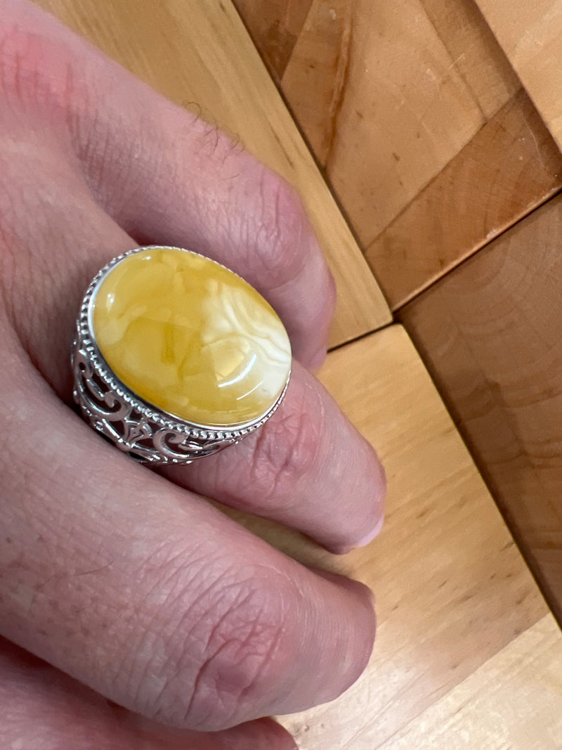 Baltic Amber Men’s Ring – 925 Sterling Silver, Handmade, Adjustable Size