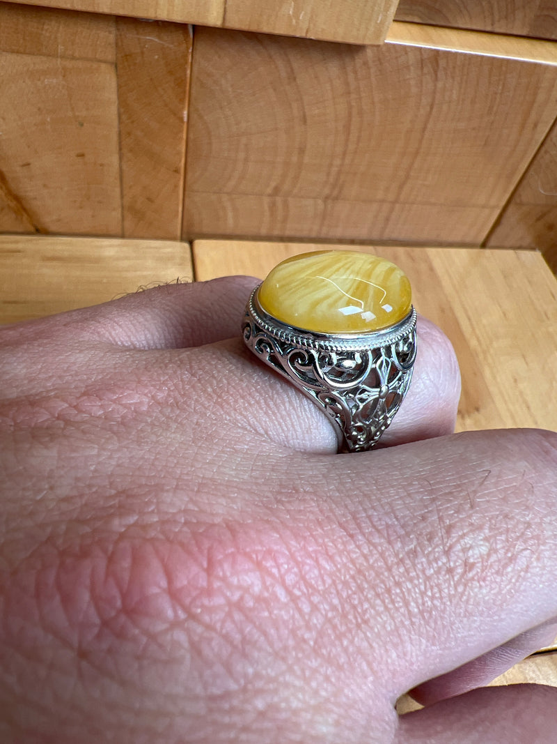 Baltic Amber Men’s Ring – 925 Sterling Silver, Handmade, Adjustable Size