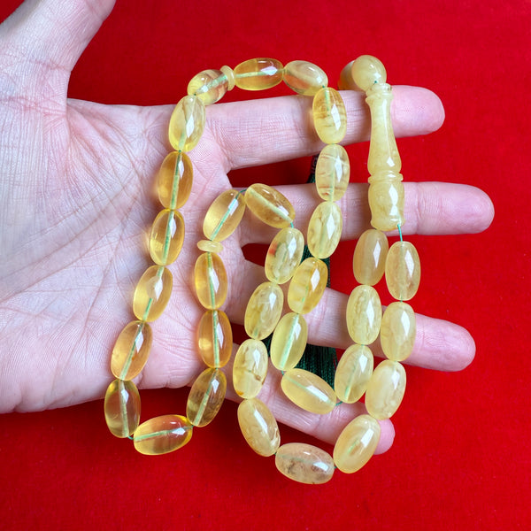 Premium Handmade Yellow Transparent Amber Tasbih Misbaha Islamic Prayer Beads 9mm x 16mm 36g