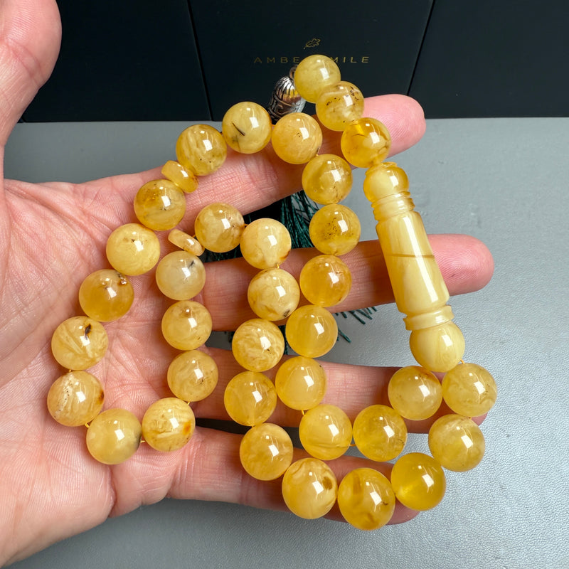 Handmade Yellow Amber Misbaha Tasbih Islamic Prayer Beads 12mm 42.3g