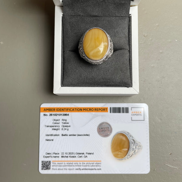 Baltic Amber Men’s Ring – 925 Sterling Silver, Handmade, Adjustable Size