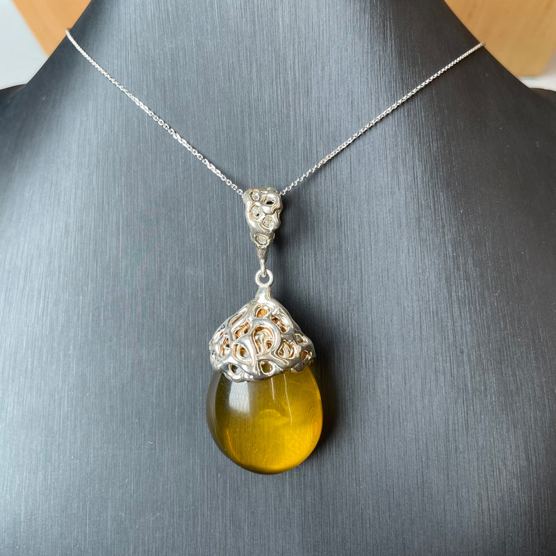 Natural Amber Pendant 925 Sterling Silver Made in Eu Baltic Gemstone 14.5g