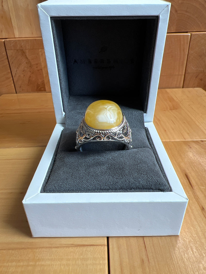 Baltic Amber Men’s Ring – 925 Sterling Silver, Handmade, Adjustable Size
