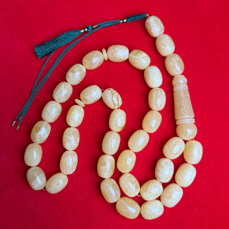 *Yellow White Egg Shape Amber Misbaha  Prayer Beads  16x21mm 133g