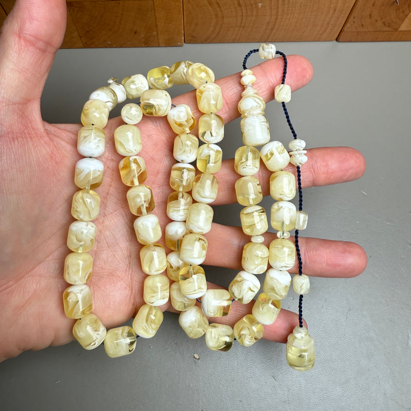 White Pressed Amber Style Misbaha Tasbih | 52.1g | 10×12mm | Islamic Prayer Beads