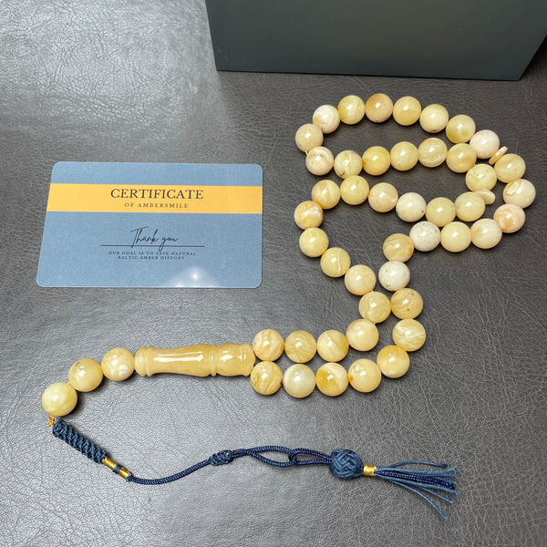 مسبحة إسلامية مصنوعة يدوياً من العنبر الأبيض، مقاس 11.5 مم، وزن 45.6 غرام