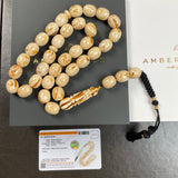 Handmade Honey White Amber Misbaha 12x15mm 63.34g 33 beads LAB certificate