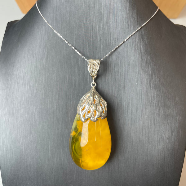 Amber Pendant 925 Sterling Silver Made in Eu Baltic Natural Gemstone 26.5g Gift