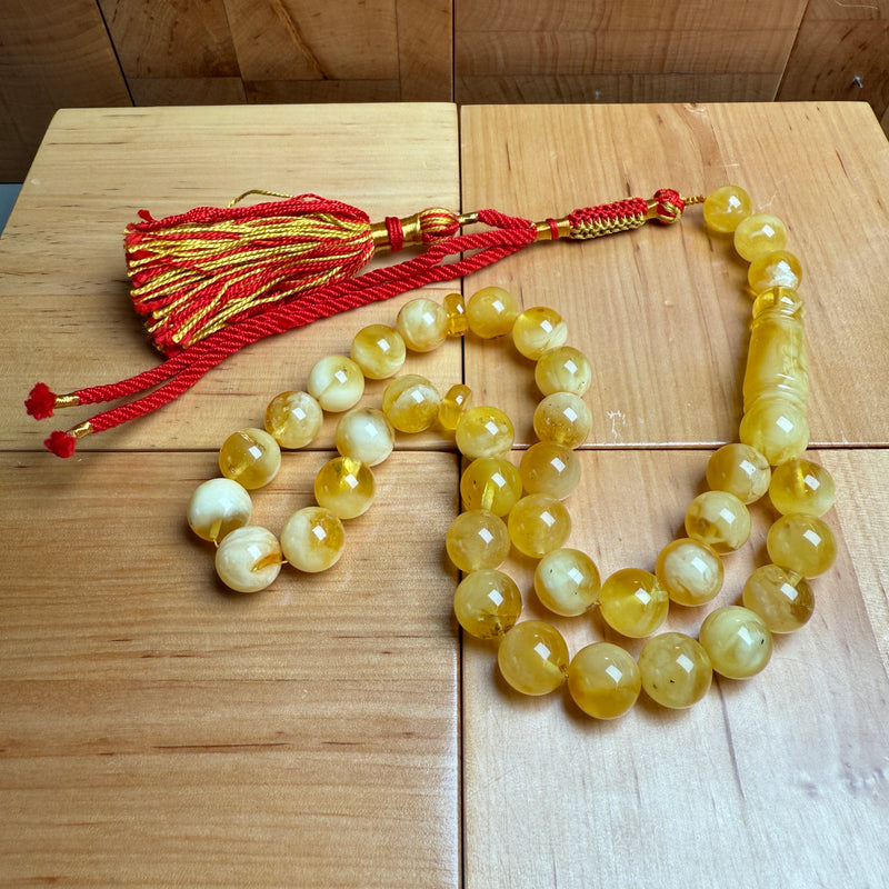 Handmade Yellow Amber Misbaha Tasbih Islamic Prayer Beads 12.3mm 47.6g