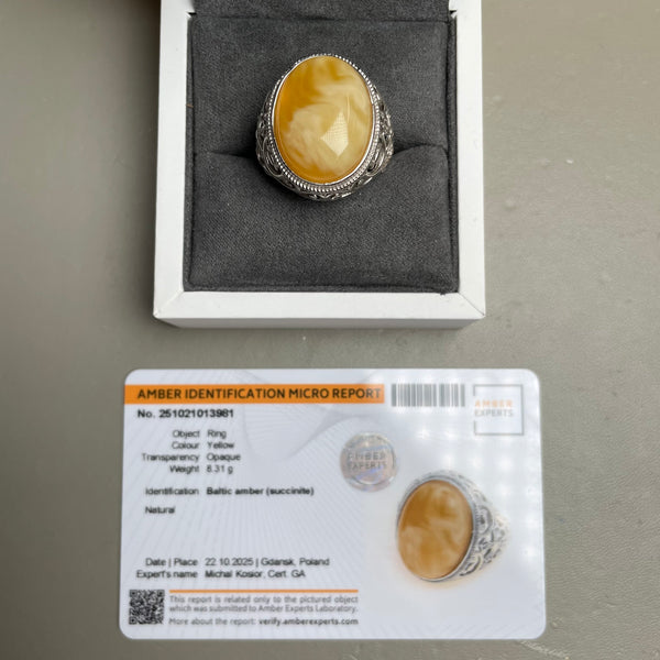 Baltic Amber Men’s Ring – 925 Sterling Silver, Handmade, Adjustable Size