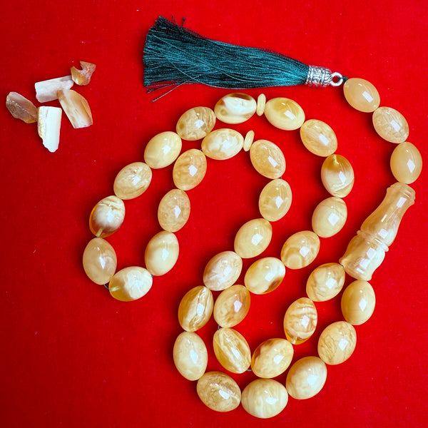 Premium Handmade White Amber Tasbih Misbaha Islamic Prayer Beads 14mm x 20mm 84g
