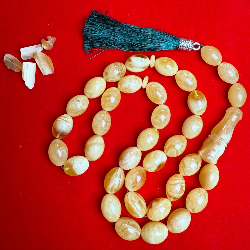 Premium Handmade White Amber Tasbih Misbaha Islamic Prayer Beads 14mm x 20mm 84g