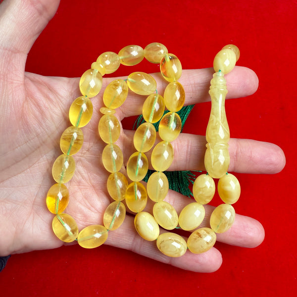 Premium Handmade Yellow Transparent Amber Tasbih Misbaha Islamic Prayer Beads 9mm x 13mm 33g