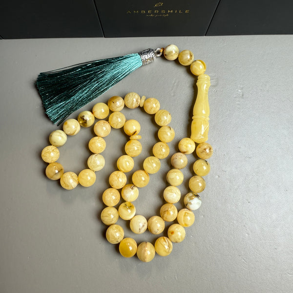 Handmade Yellow White Amber Misbaha Tasbih Islamic Prayer Beads 10.8mm 42.1g