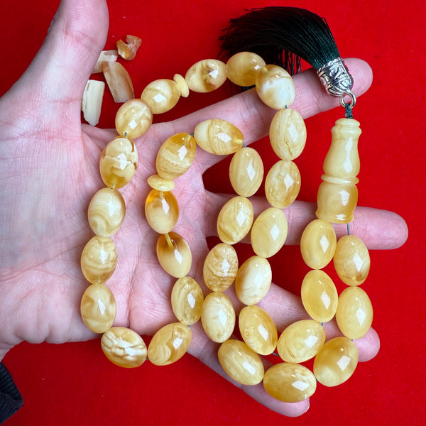 Premium Handmade White Amber Tasbih Misbaha Islamic Prayer Beads 12mm x 17mm 59.5g