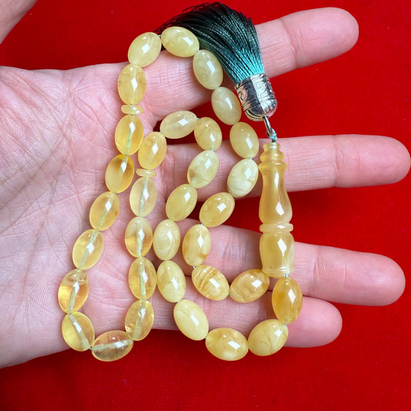 Premium Handmade Yellow Transparent Amber Tasbih Misbaha Islamic Prayer Beads 8mm x 11mm  19.4g