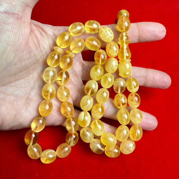 Premium Handmade Yellow Transparent Amber Tasbih Misbaha Islamic Prayer Beads 9mm x 13mm 40g