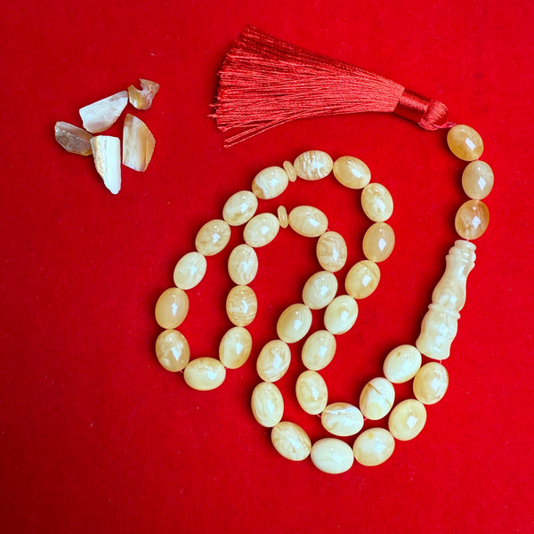 Premium Handmade White Amber Tasbih Misbaha Islamic Prayer Beads 10mm x 14mm 38g