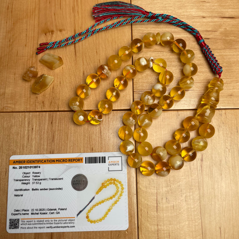 Handmade Yellow Amber Misbaha Tasbih Islamic Prayer Beads 11mm 37.6g