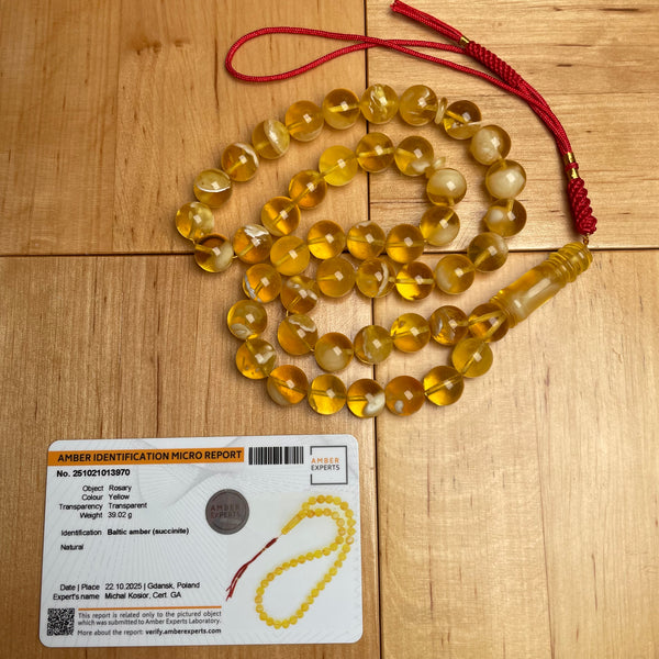 Handmade Yellow Amber Misbaha Tasbih Islamic Prayer Beads 11mm 39.1g