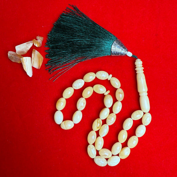Premium Handmade White Amber Tasbih Misbaha Islamic Prayer Beads 8mm x 13mm 26g