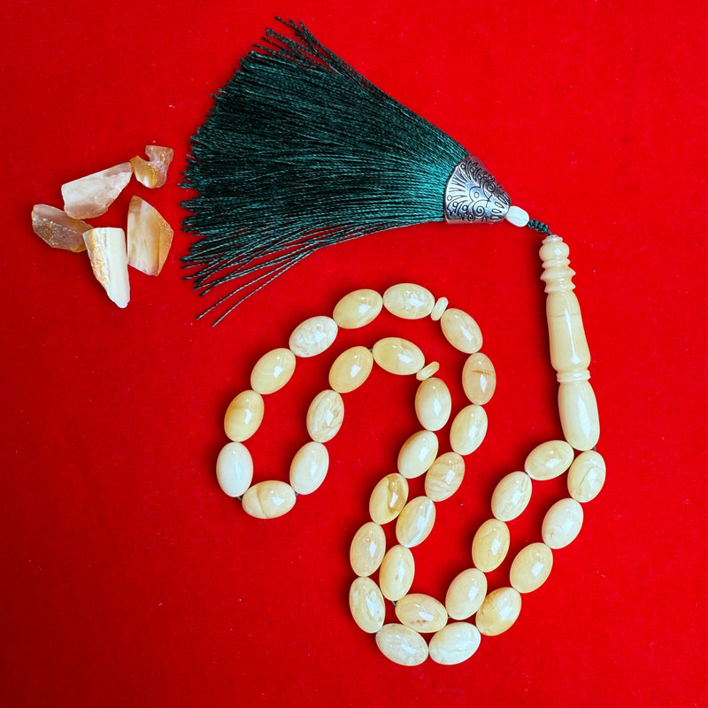 Premium Handmade White Amber Tasbih Misbaha Islamic Prayer Beads 8mm x 13mm 26g