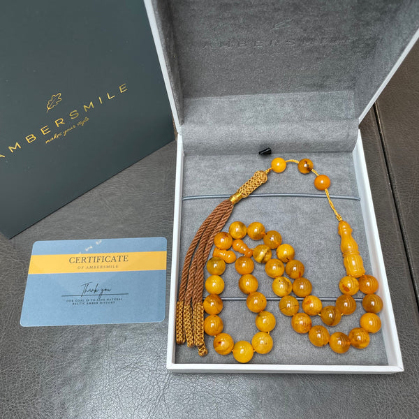 سبحة صلاة إسلامية مصنوعة يدوياً من العنبر مصباحة تسبيح 11 ملم 32.7 جرام