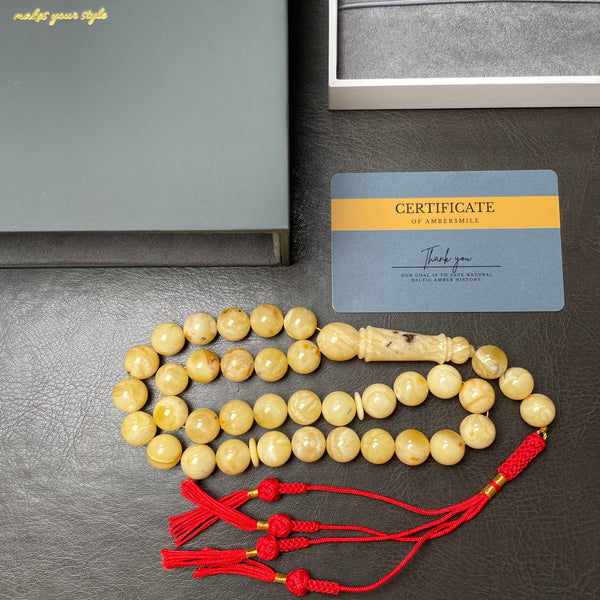 Handmade White Amber Misbaha Tasbih Islamic Prayer Beads 12.3mm 44.5g