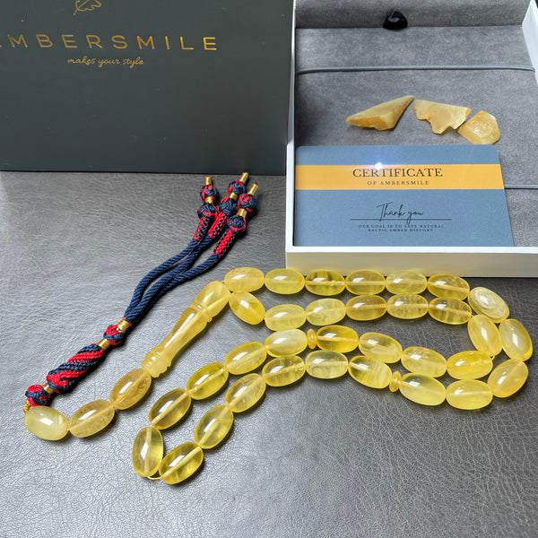 Handmade Yellow Amber Misbaha Islamic Prayer Beads 10x16mm 43g