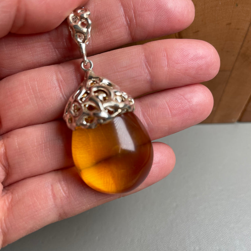 Natural Amber Pendant 925 Sterling Silver Made in Eu Baltic Gemstone 14.5g