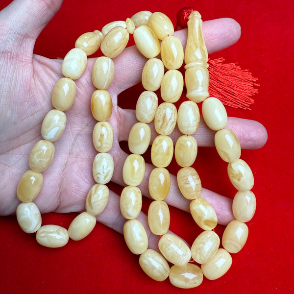 Premium Handmade White Amber Tasbih Misbaha Islamic Prayer Beads 10mm x 16mm 61g