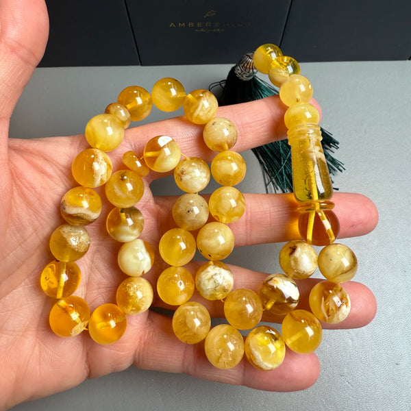 Handmade Yellow White Amber Misbaha Tasbih Islamic Prayer Beads 11.9mm 41.7g