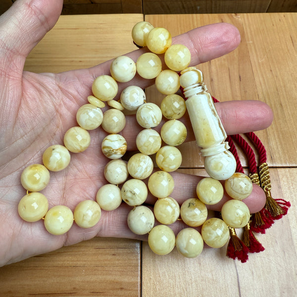Handmade White Amber Misbaha Tasbih Islamic Prayer Beads 11.7mm 42.5g
