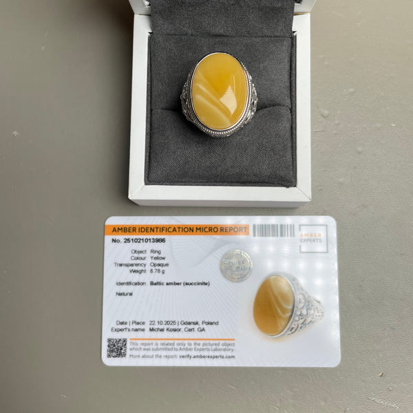 Baltic Amber Men’s Ring – 925 Sterling Silver, Handmade, Adjustable Size