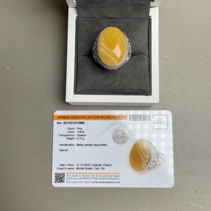 Baltic Amber Men’s Ring – 925 Sterling Silver, Handmade, Adjustable Size