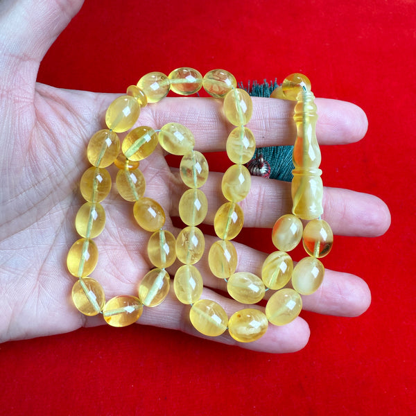 Premium Handmade Yellow Transparent Amber Tasbih Misbaha Islamic Prayer Beads 9mm x 16mm 29g