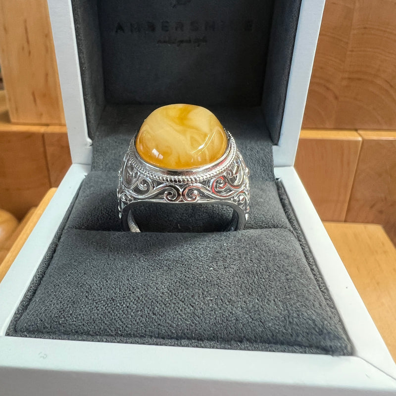 Baltic Amber Men’s Ring – 925 Sterling Silver, Handmade, Adjustable Size