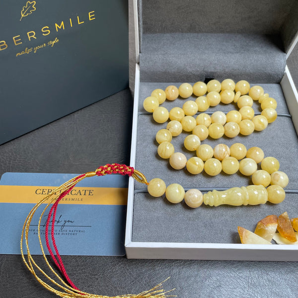 White Natural Amber Misbaha Tasbih Islamic Prayer Beads 11mm 40.4g