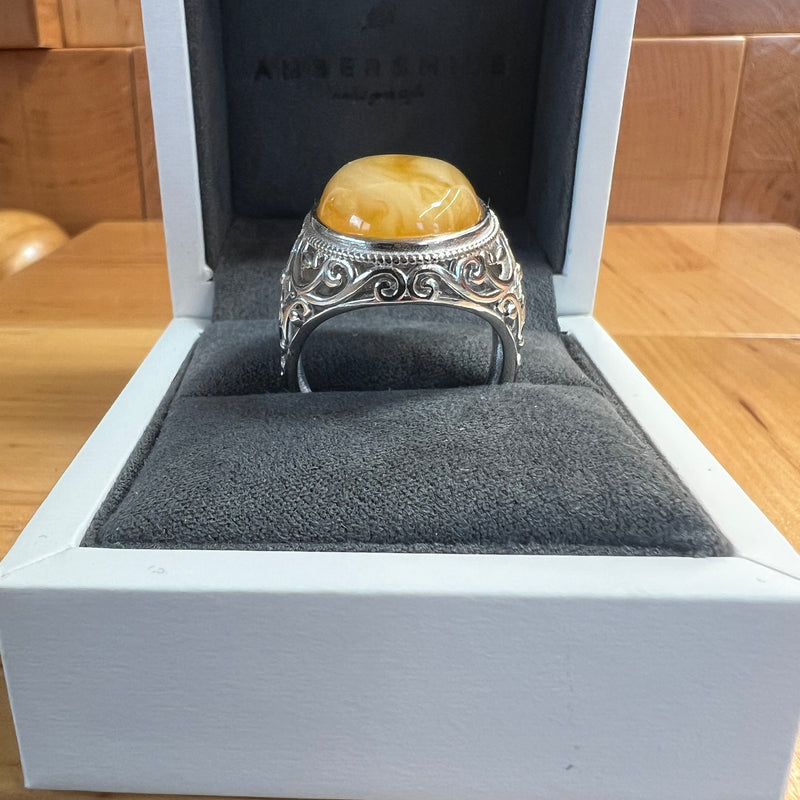 Baltic Amber Men’s Ring – 925 Sterling Silver, Handmade, Adjustable Size