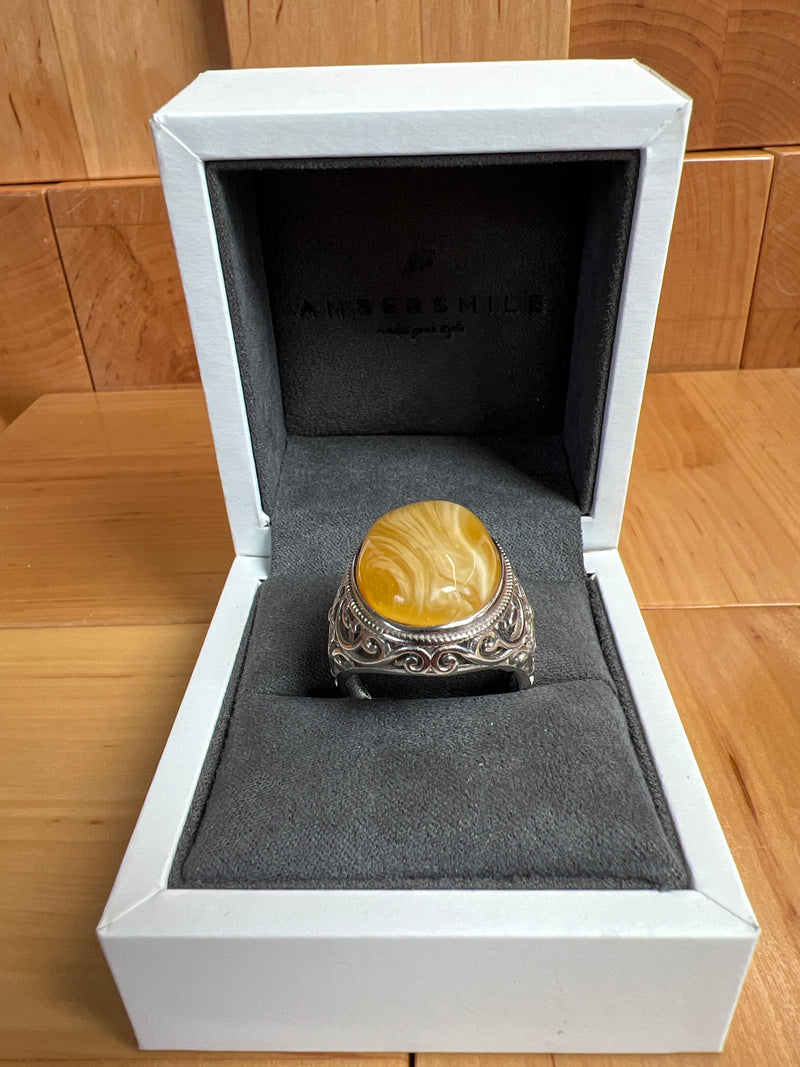 Baltic Amber Men’s Ring – 925 Sterling Silver, Handmade, Adjustable Size