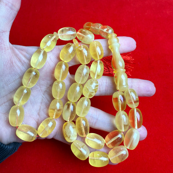 Premium Handmade Yellow Transparent Amber Tasbih Misbaha Islamic Prayer Beads 11mm x 16mm 53g