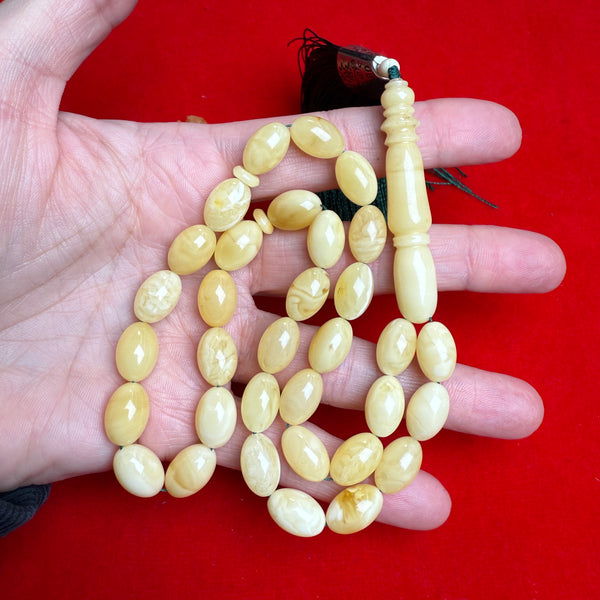 Premium Handmade White Amber Tasbih Misbaha Islamic Prayer Beads 8mm x 13mm 26g