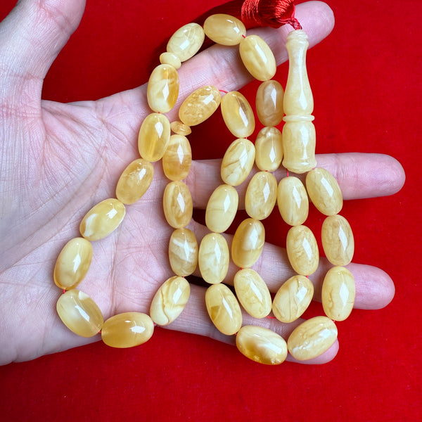 Premium Handmade White Amber Tasbih Misbaha Islamic Prayer Beads 10mm x 16mm 39g