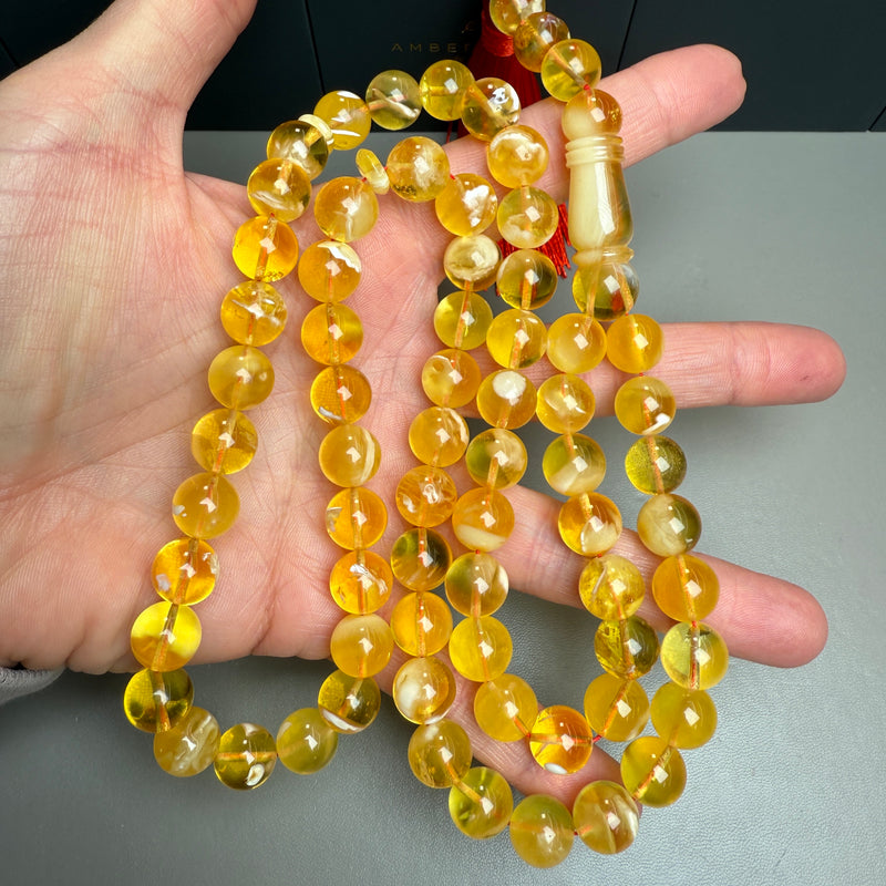 Premium Handmade Exclusive Transparent White Amber Tasbih Misbaha Islamic Prayer Beads 10.6mm 52.3g
