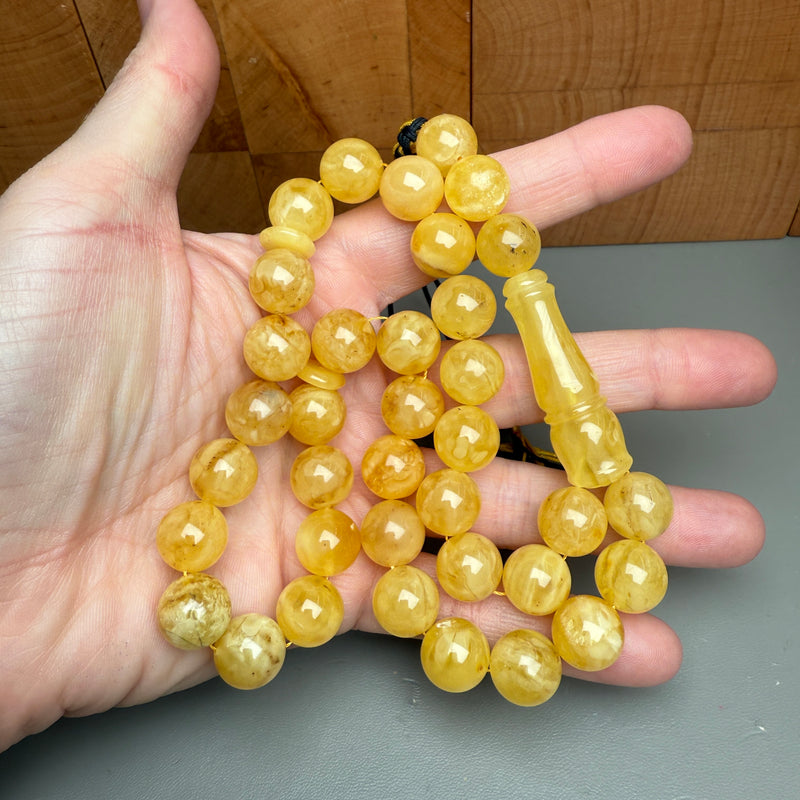 Handmade Yellow Amber Misbaha Tasbih Islamic Prayer Beads 12.2mm 43.8g