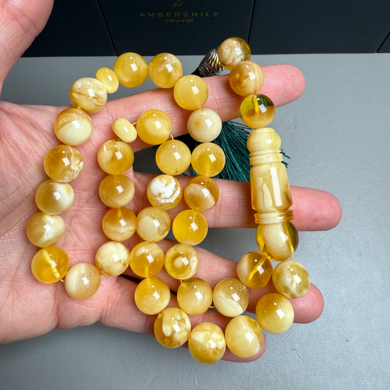 Handmade Honey White Amber Misbaha Tasbih Islamic Prayer Beads 12.1mm 44.9g