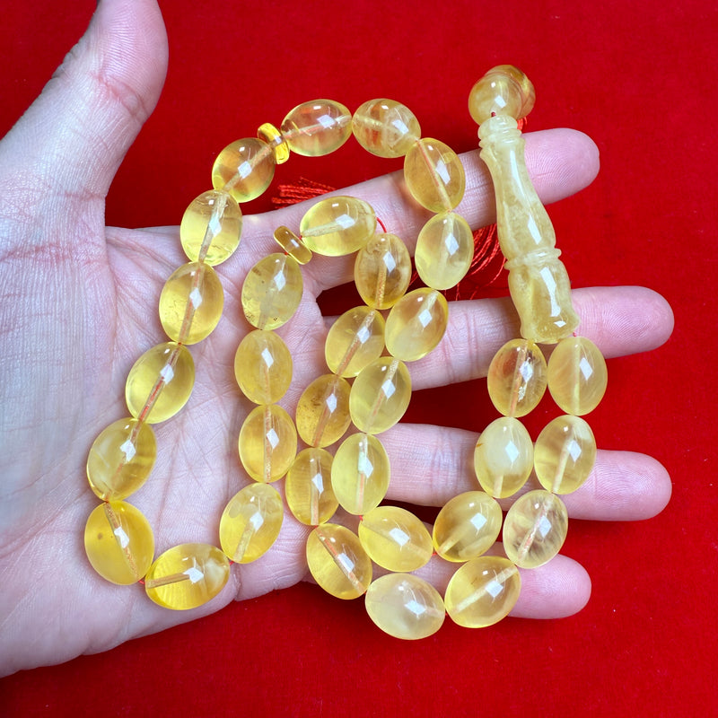 Premium Handmade Yellow Transparent Amber Tasbih Misbaha Islamic Prayer Beads 12mm x 16mm  53g