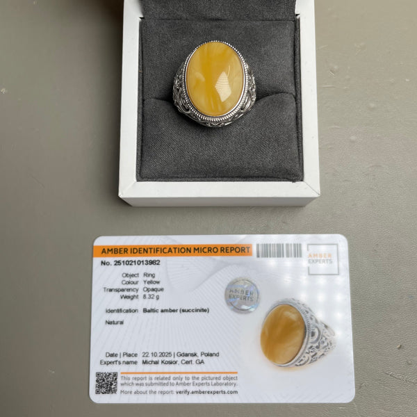 Baltic Amber Men’s Ring – 925 Sterling Silver, Handmade, Adjustable Size