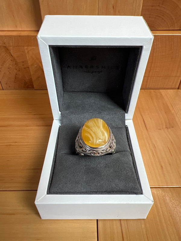 Baltic Amber Men’s Ring – 925 Sterling Silver, Handmade, Adjustable Size