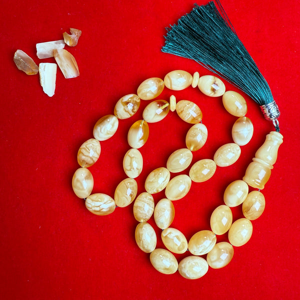 Premium Handmade White Amber Tasbih Misbaha Islamic Prayer Beads 12mm x 17mm 59.5g